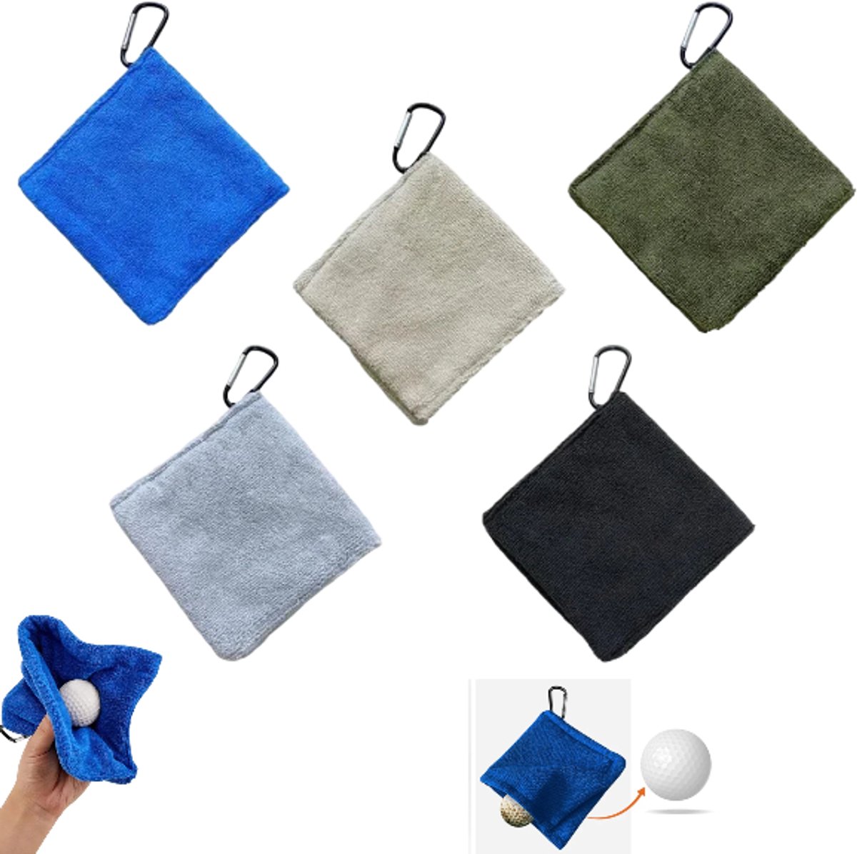 5 stuks - olfhanddoeken - Kleine zakhanddoeken - Draagbare golfreinigingstas - Golfreinigingsdoeken - Reinigings- en afveegdoeken - Lichtgrijs, kaki, koningsblauw, legergroen, zwart - 14*14 cm - Geschikt voor golf