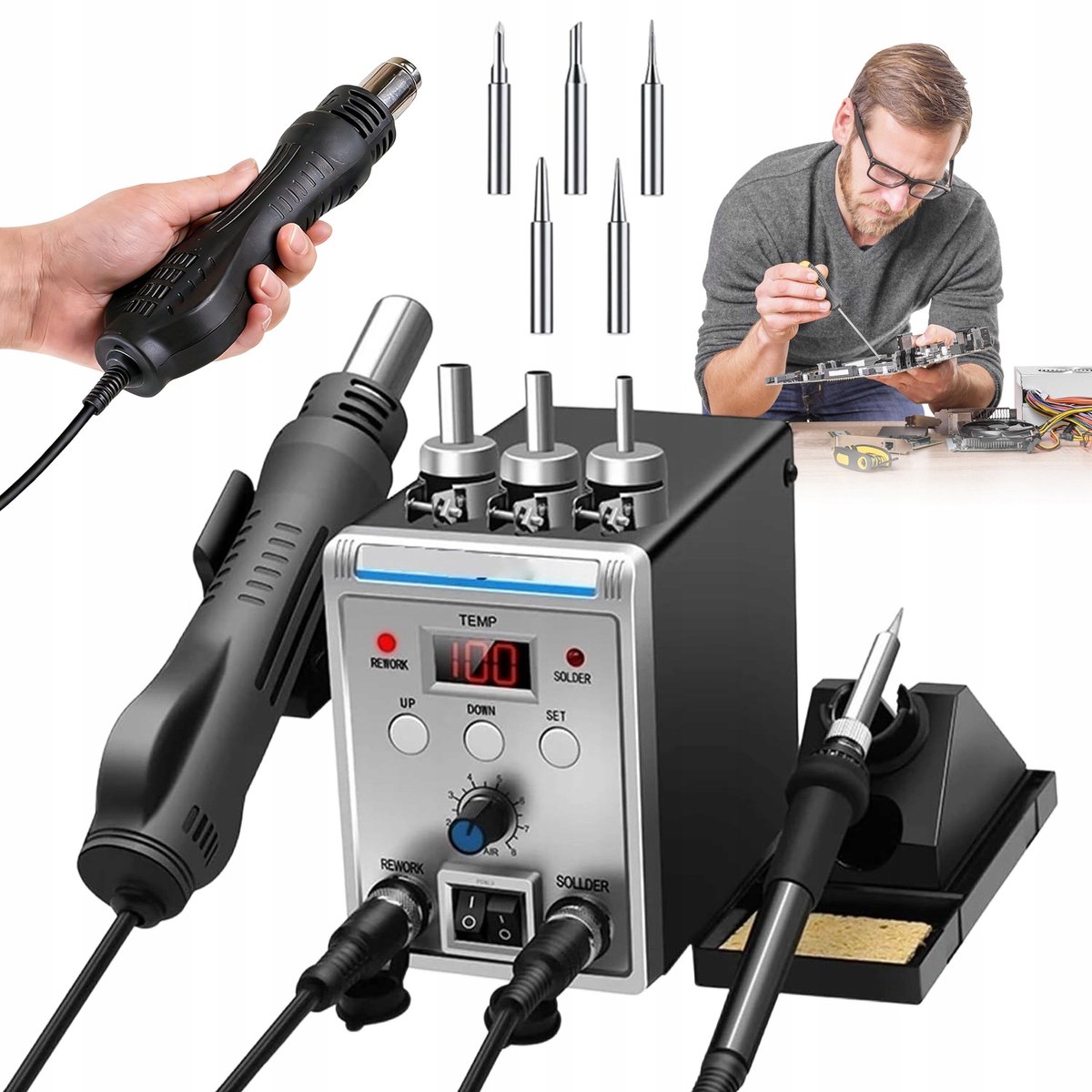 2 in 1 Hetelucht- & Soldeerset - Heteluchtpistool - Soldeerbout - Soldeerstation met Hetelucht - 8 Luchtsnelheden - LED Display - Slimme Slaapstand - Voor PCB Reparatie & Kunststof Lassen - Thuis & Werkplaats