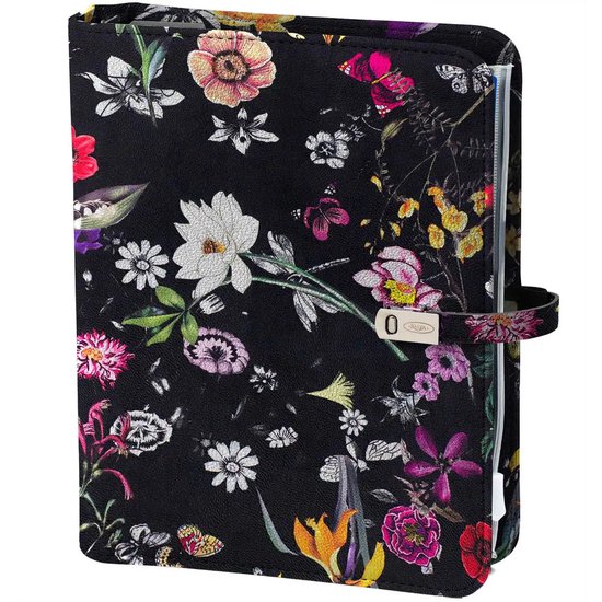 Zwarte A5 organizer met bloemenprint en vlinders, met drukknoopsluiting.