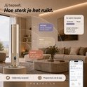 Gouden FUSIFY LX geurverspreider in woonkamer, met instelbare intensiteit: INTENS, MILD, ZACHT. Bediening via app.