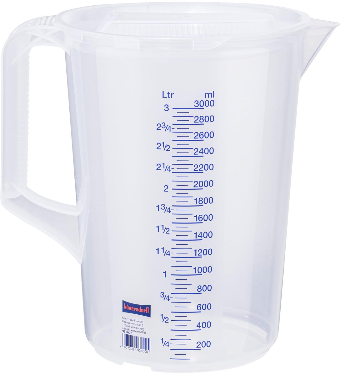 Famanu – Maatbeker van 3 l van polypropyleen, onbreekbaar en vaatwasmachinebestendig, met gesloten handvat, blauwe schaal, transparant en blauw