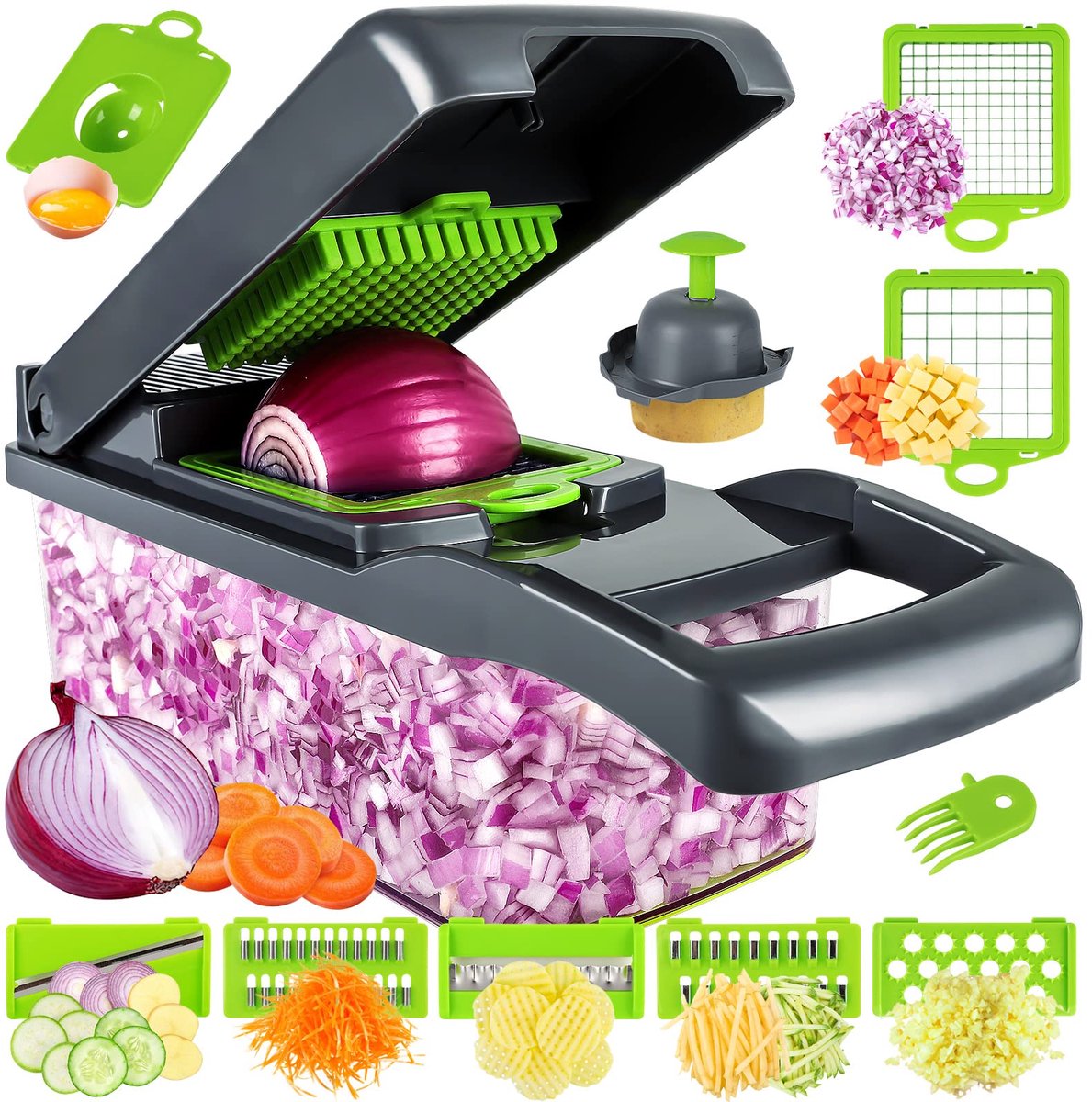 Famanu – Multifunctionele groentesnijder en chopper voor groenten, 14-in-1 mandoline en kubussnijder, ideaal voor het snijden van ui, salade, aardappelen en eieren