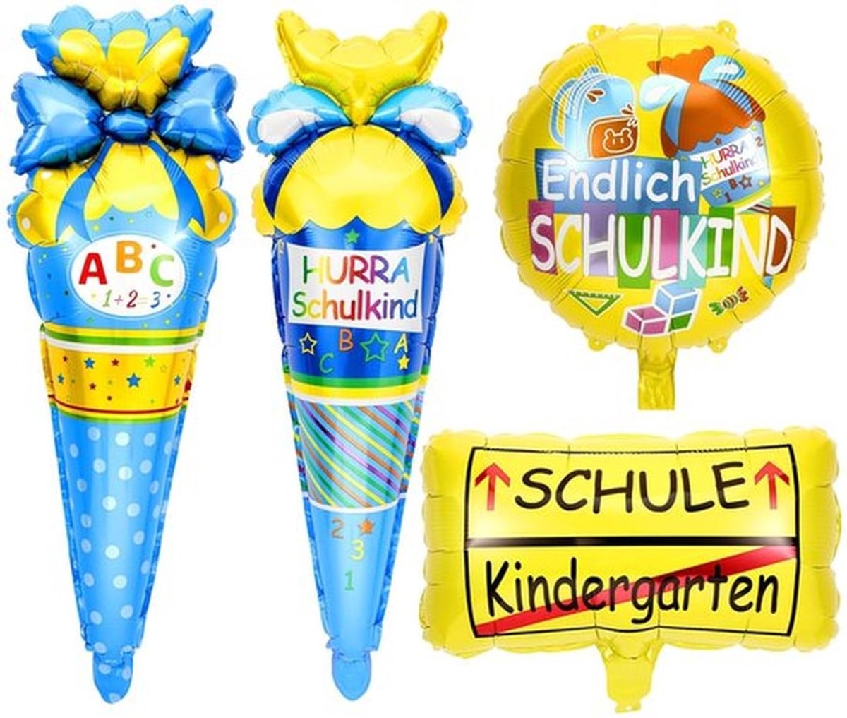 Ballonnen Schoolaangifte Decoratie - 4 Folieballonnen - Snoepkegel/ABC/Schoolkind - Versiering Eerste Schooldag - Gelukkige Sfeer - Binnen/Buiten Decoratie - Feestballonnen