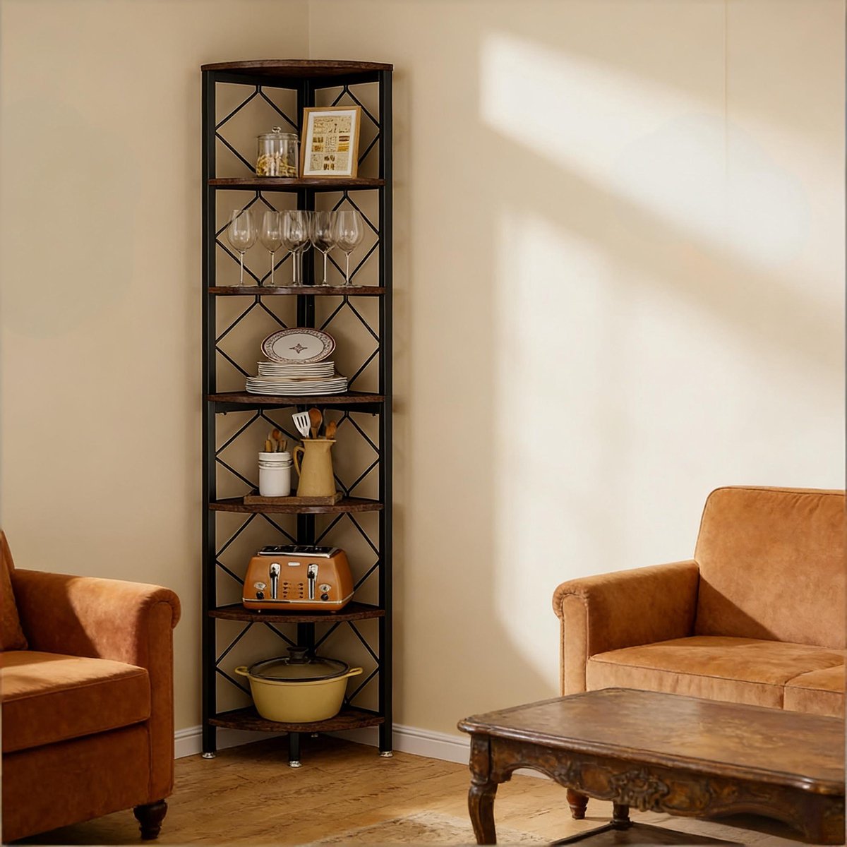 Wishdor Hoekrek - Smal 7-laags - Open opbergrek met anti-kantelbevestiging - Industrieel - Voor kleine ruimtes - Metaal en spaanplaat - 35 x 35 x 200 cm