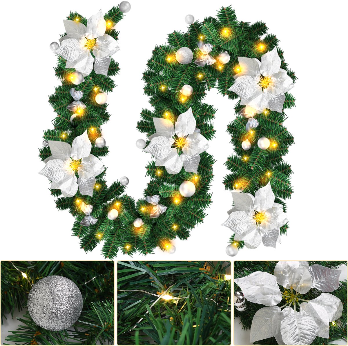 Kerstguirlande met verlichting 2,7 m - 50 led - zilver decor – foto 4