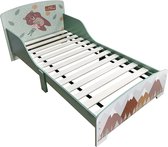 Kinderbed Groen met Beer & Berg Motief – Peuterbed met Uitvalscherm & Bodem 140x70 cm, Totaal 143x77x60 cm (Zonder Matras)