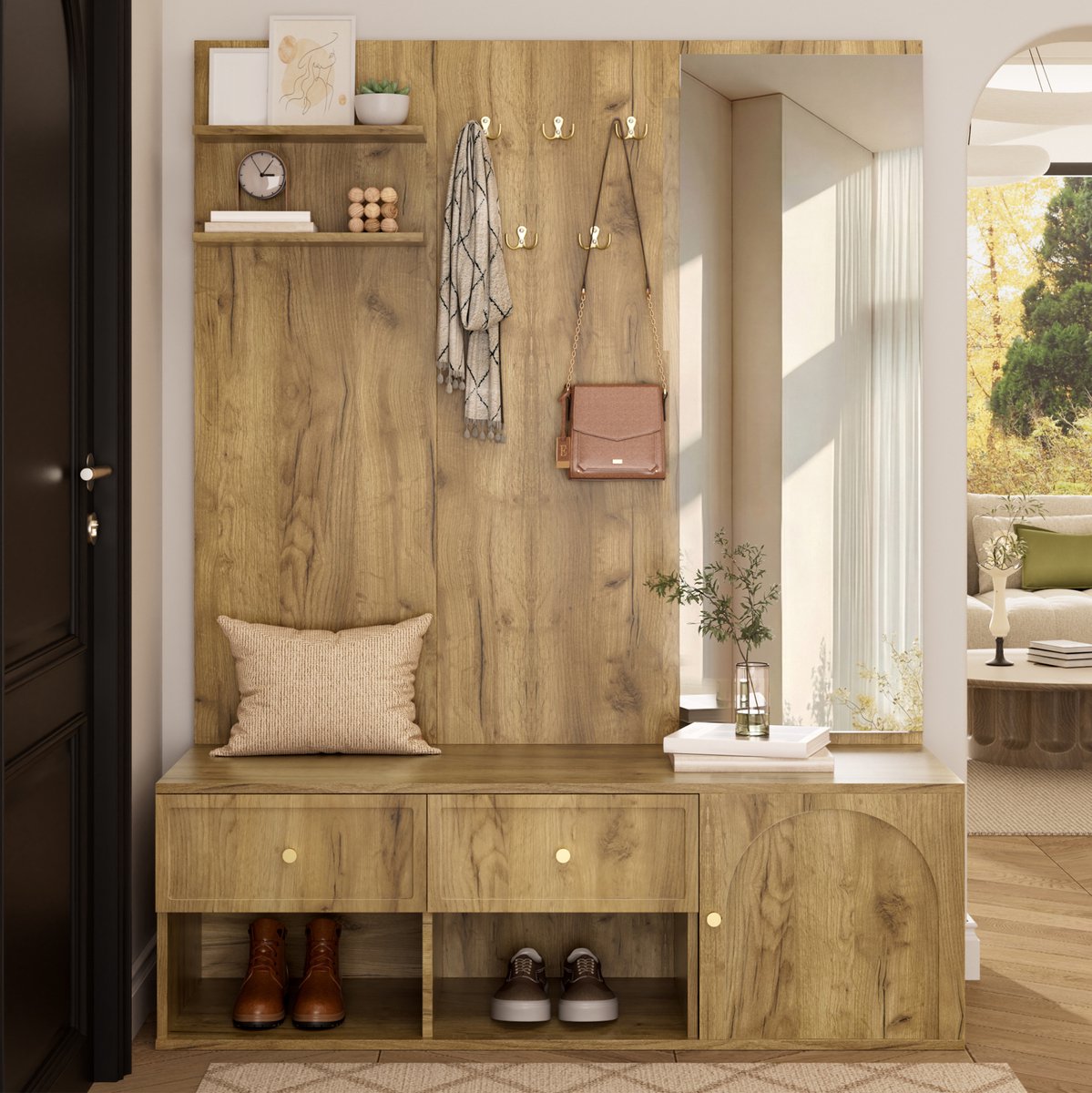 OKWISH Garderobeset Voor De Hal – Spiegel, 5 Haken, Lades, Kast En Schoenenbank – Wandgarderobe – Houtlook – 120 X 35 X 159 Cm