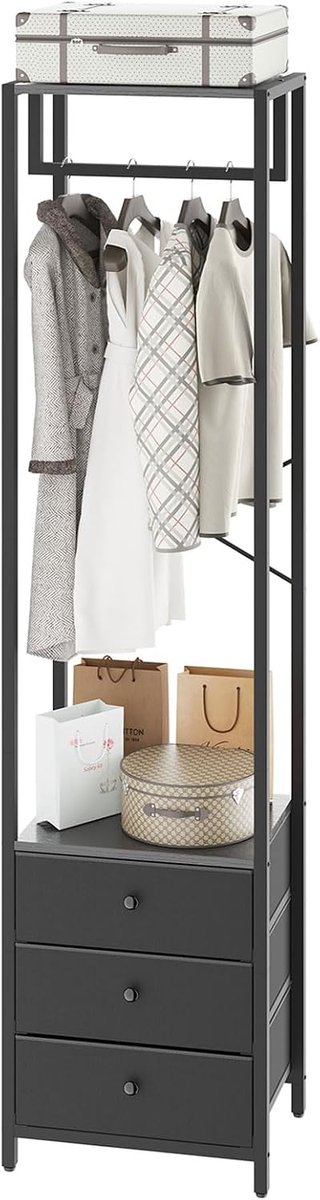 Home & Beyond® Kledingrek met Lades - Open Kledingkast met Kledingstang - Garderoberek met Opbergruimte - Zwart - 39x29x179 cm