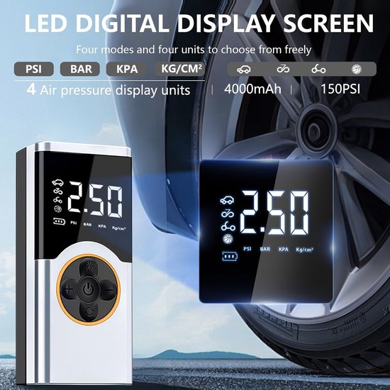 Draagbare luchtcompressor, 150psi inflator ruedas auto, compressor luchtauto, 4000 mAh Fanner Wheels Car met oplaadbare batterij en autoled licht, fietsen, motorfiets van Merkloos — afbeelding 3