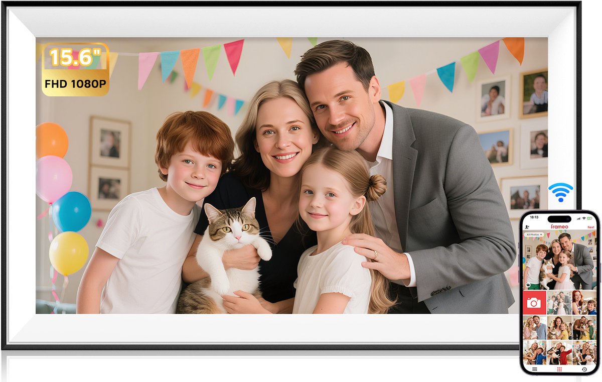 Digitale fotolijst met WiFi en Frameo App - 15.6 Inch Full HD IPS Touchscreen (1920x1080) - 32GB Geheugen - Automatisch Roteren - Digitale Fotolijst voor Foto's & Video's - Wit met zwarte rand