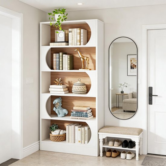 Wishdor Boekenrek - Vrijstaand met 5 planken en anti-kantelbeveiliging - Wit MDF - Open displaykast voor woonkamer, slaapkamer en kantoor - 80 x 30 x 180 cm — afbeelding 4