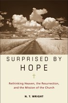 Boekomslag van "Surprised by Hope" met een landweggetje tussen goudkleurige velden en een sepia foto van wolken.