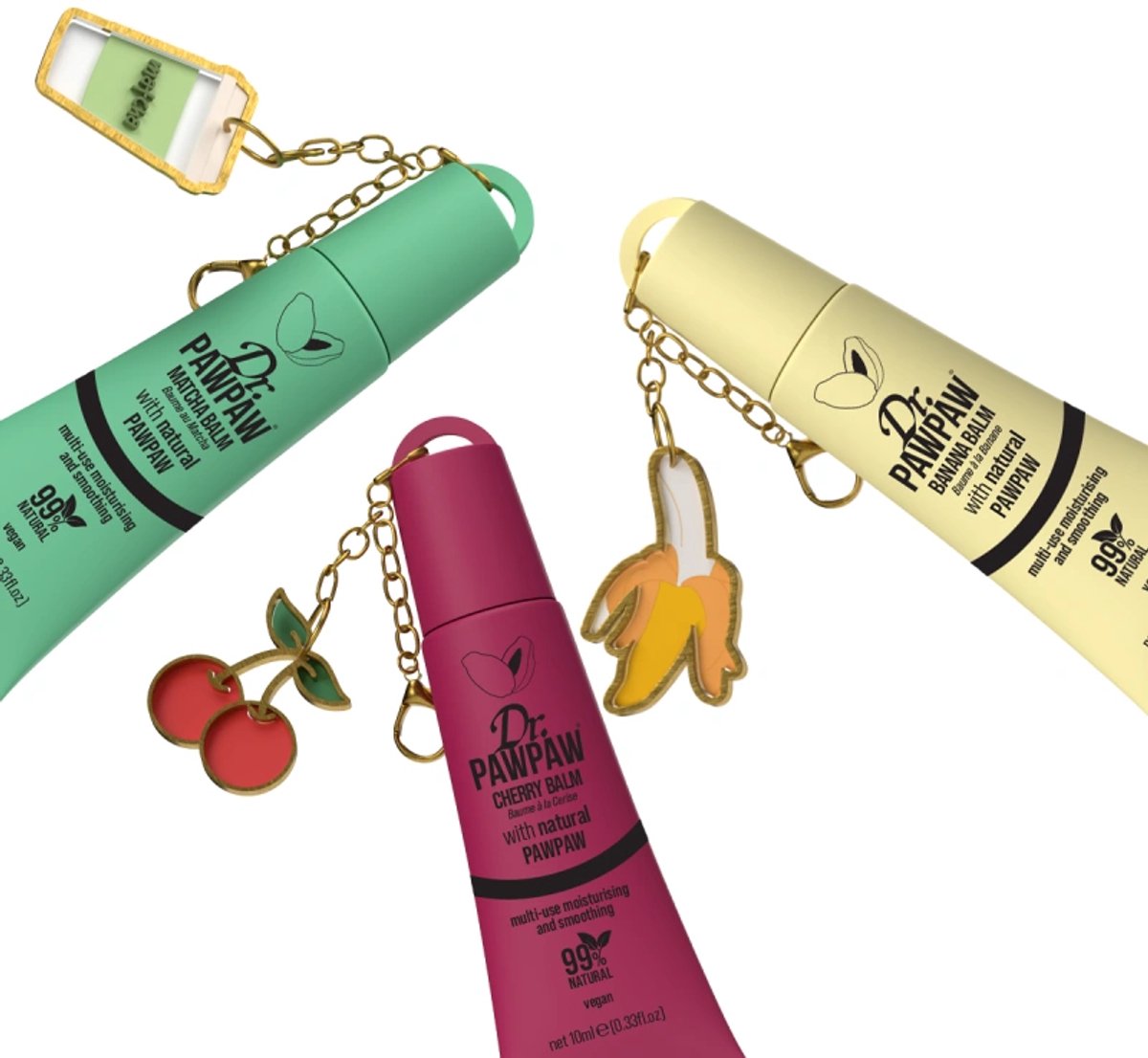 Dr PawPaw Charm Balm Cherry, Banana and Matcha Trio / Set van 3 lippenbalsems met verzamelhangers 3 x 10 ml