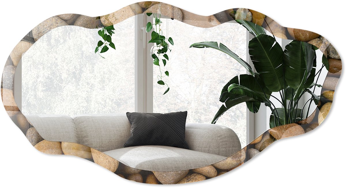 Wallfluent Mozaïek Van Steen Spiegel - Bruin Rechthoekige Spiegel Voor Interieur - Organische Spiegel - Badkamer, Woonkamer, Hal - Minimalistisch - 45x90 cm - Totale afmeting 52x97 cm