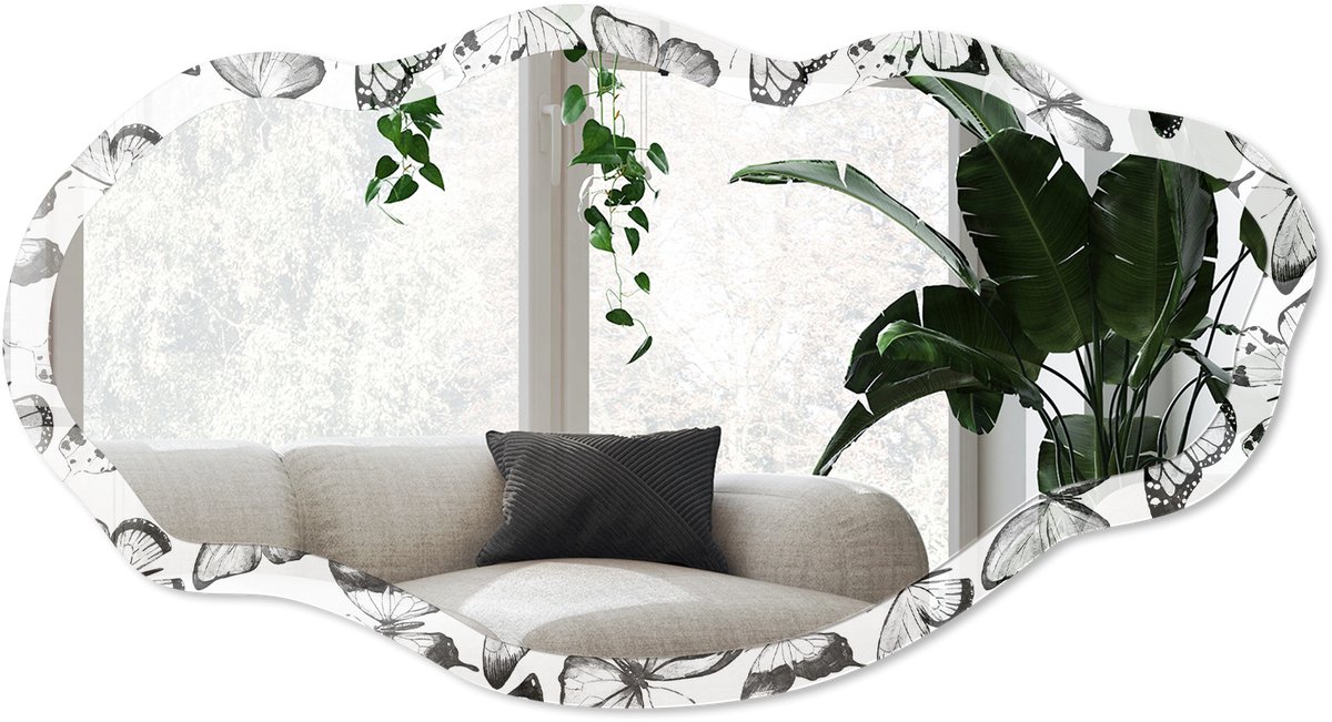 Wallfluent Zwarte Vlinders Spiegel - Wit Rechthoekige Spiegel Met Modern Design - Organische Spiegel - Slaapkamer, Hal, Woonkamer - Minimalistisch - 45x90 cm - Totale afmeting 52x97 cm