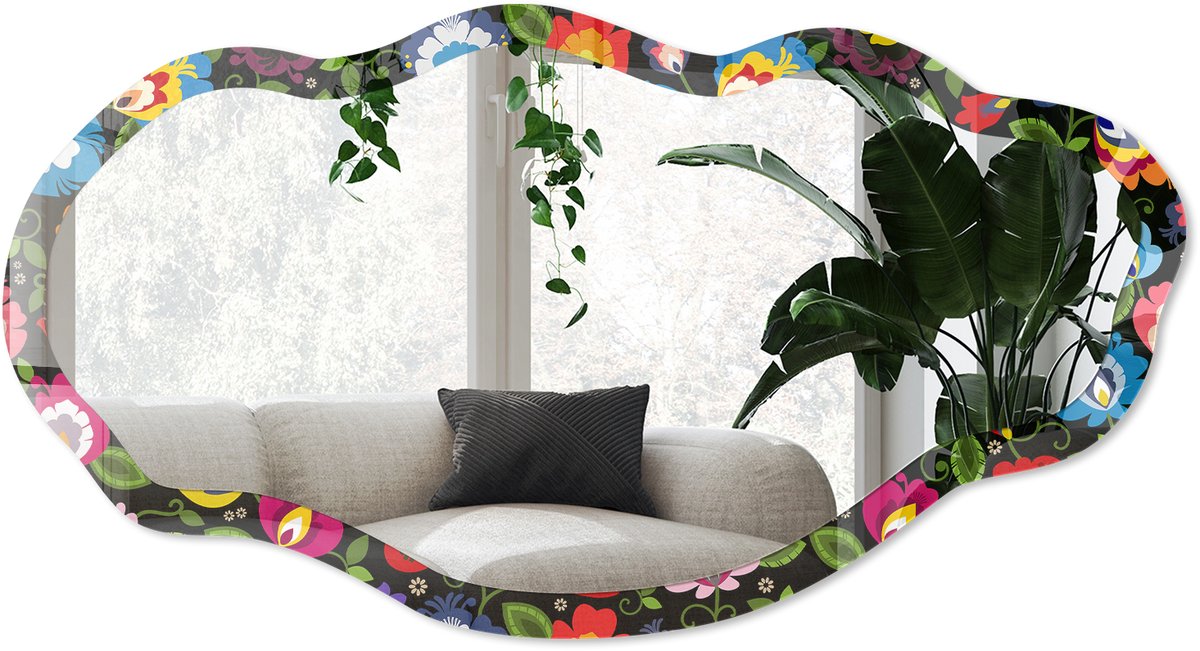 Wallfluent Folklorebloemen Spiegel - Zwart Rechthoekige Spiegel Met Modern Design - Organische Spiegel - Woonkamer - Illustratief - 45x90 cm - Totale afmeting 52x97 cm