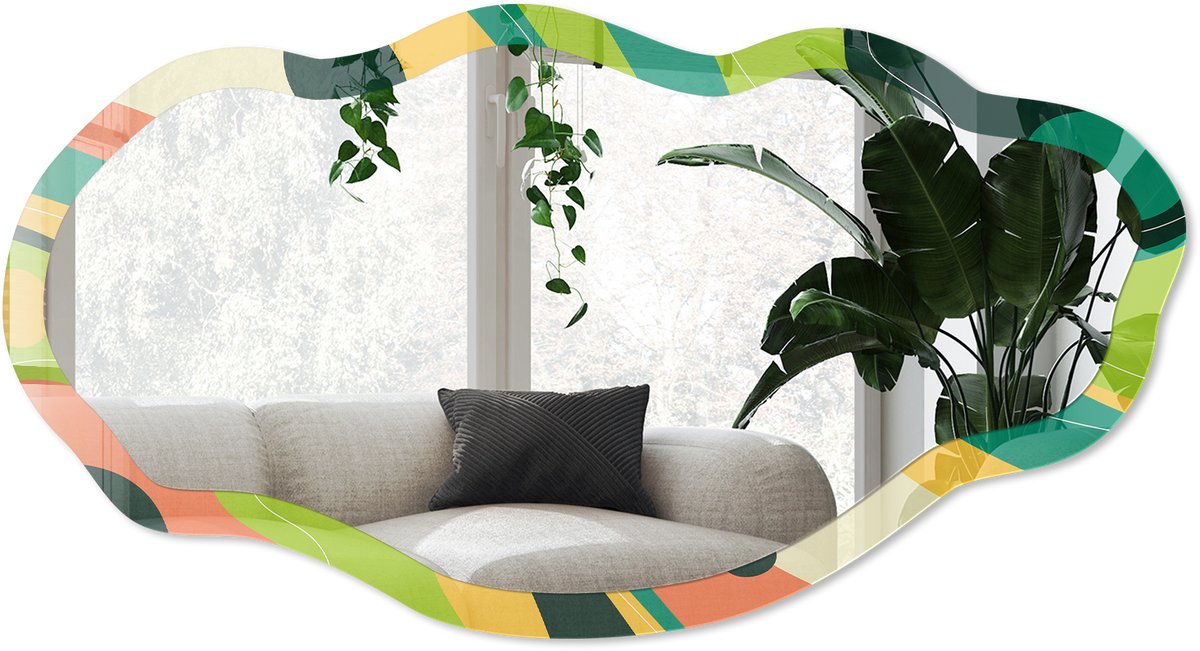 Wallfluent Abstractie Van Kleur Spiegel - Groen Rechthoekige Spiegel Voor Interieur - Organische Spiegel - Woonkamer, Kantoor, Slaapkamer - Abstract - 45x90 cm - Totale afmeting 52x97 cm