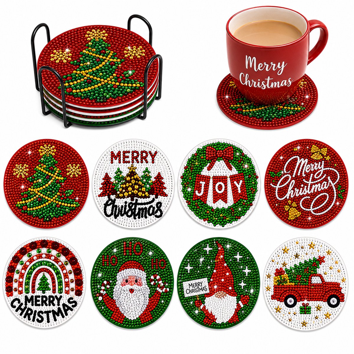 YYchan DIY Diamond Painting Onderzetters Set - 8 Stuks met Houder - Handgemaakt & Hittebestendig - Pakket Volwassenen en Kinderen - Kerstman