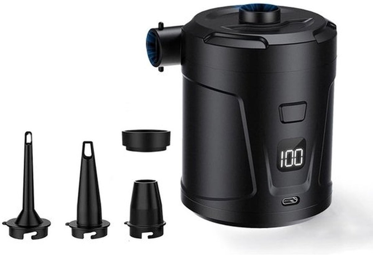 Luchtpomp-Luchtcompressor - Elektrische luchtpomp - Zwembadpomp-Draagbaar- Met LED-batterij-indicator-5200 mAh - 40 0 l/min-Oplaadbare accu - Met 4 spuitmonden - Snelpomp voor boot/luchtbed - zwart