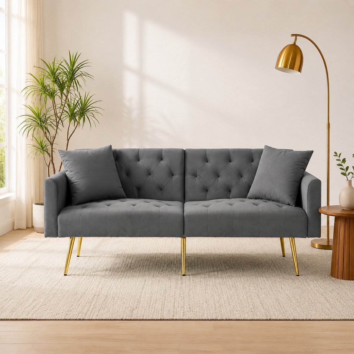 REDOM - Zitbank - 3-voudig verstelbare rugleuning - met 2 kussens en slaapfunctie - modern - woonkamer en klein appartement - Velvet - Grijs - 177 x 78 x 74 cm
