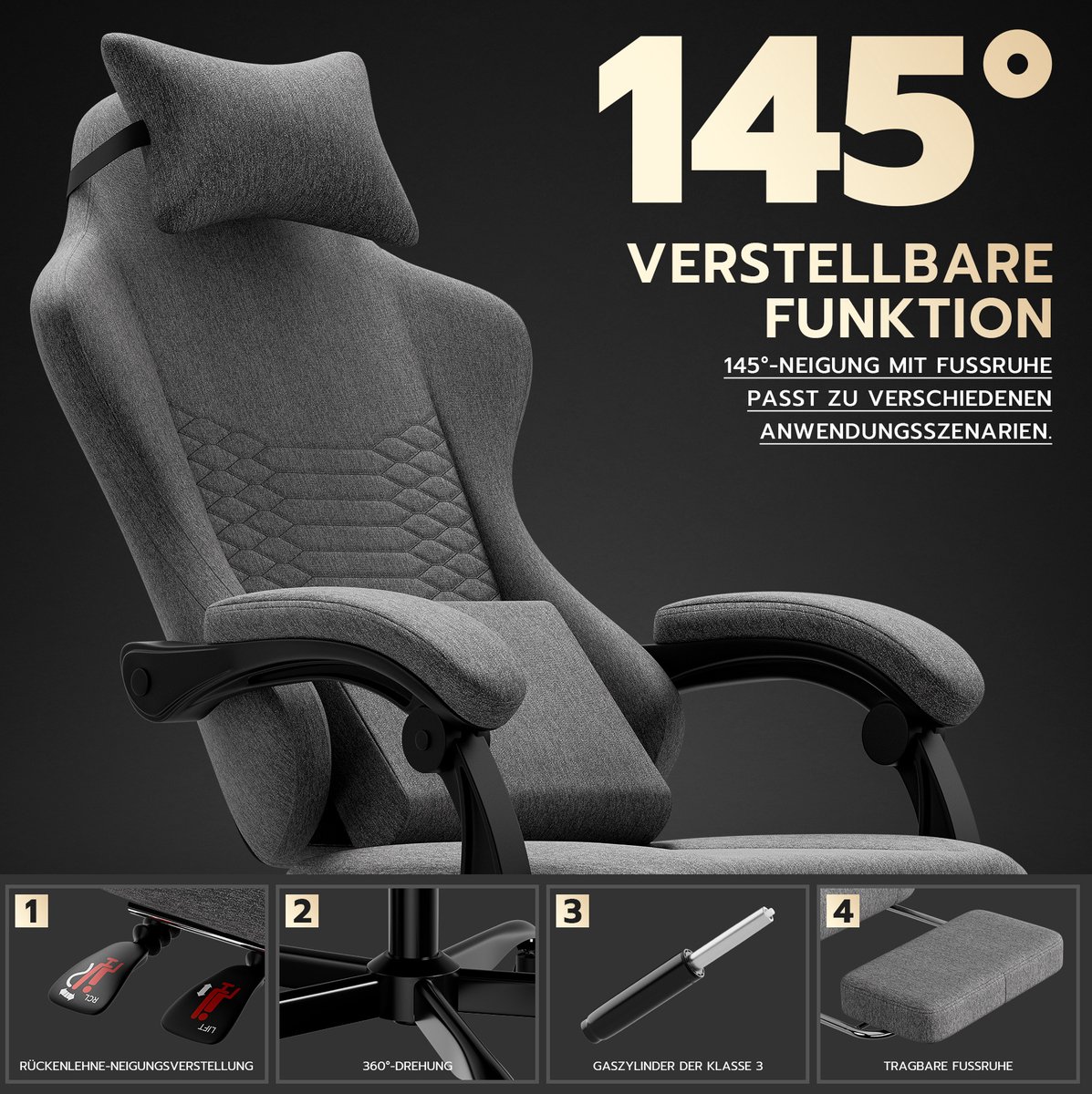 REDOM - Gamingstoel - Ergonomisch ontwerp - Verstelbare rugleuning en uitschuifbare voetsteun - Hoofdsteun - Bureaustoel - Stof - Lichtgrijs - 124 x 64 cm