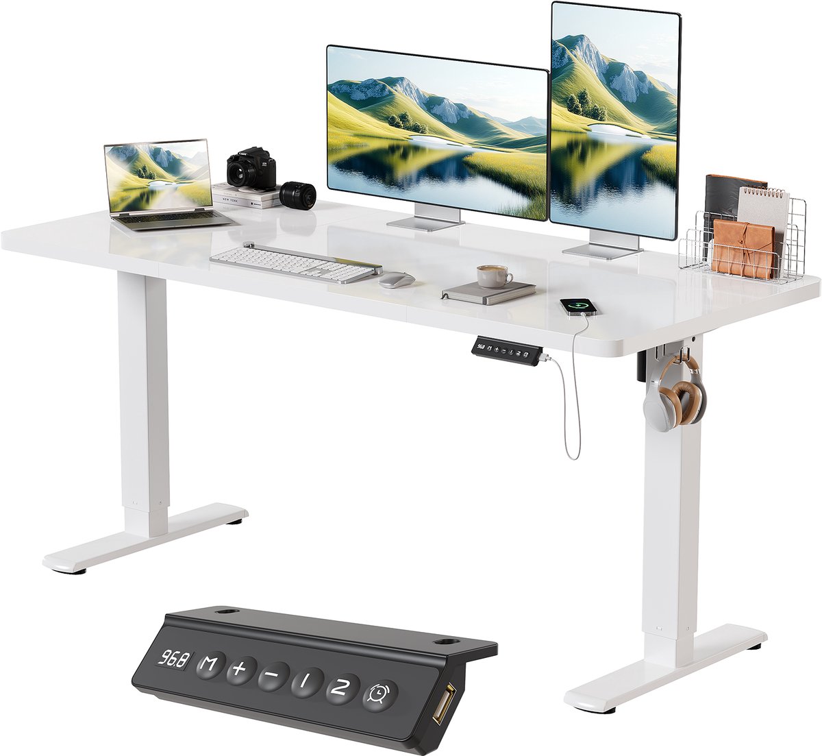 Devoko Elektrisch Zit-Sta Bureau 140x60 cm - E0 Tafelblad - Zit-herinnering - 2 Geheugenstanden - Digitaal Display - Wit frame met wit blad