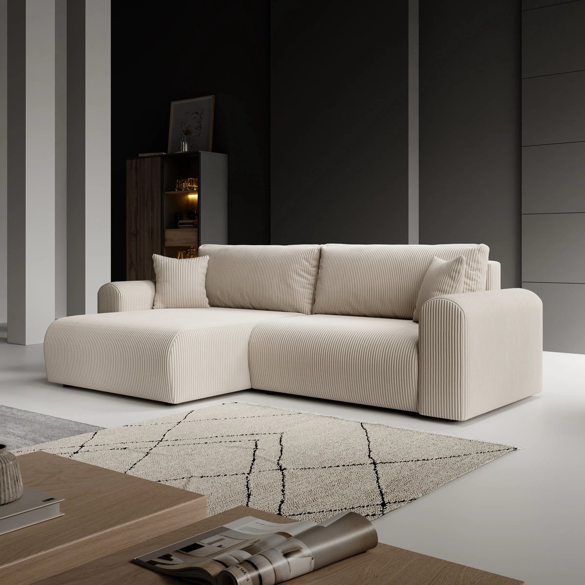 Meubella - Fayel - Hoekbank 2-zits - Ribstof beige - Universeel
