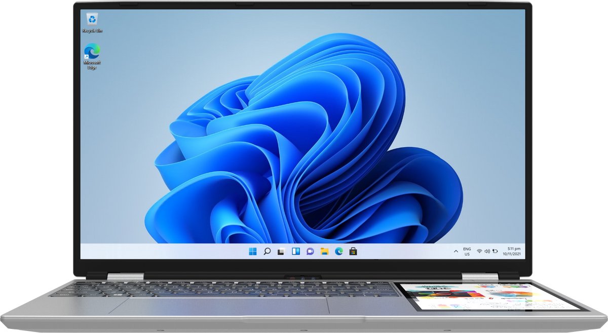 15.6" + 7" Dual-Screen Zakelijke Laptop, Intel N100 (3.4GHz), 16GB RAM, 1TB SSD, 180° Klapbaar, RGB Regenboog Toetsenbord met Ronde Toetsen, Vingerafdruksensor, Afneembare 2MP Webcam, IPS Touchscreen