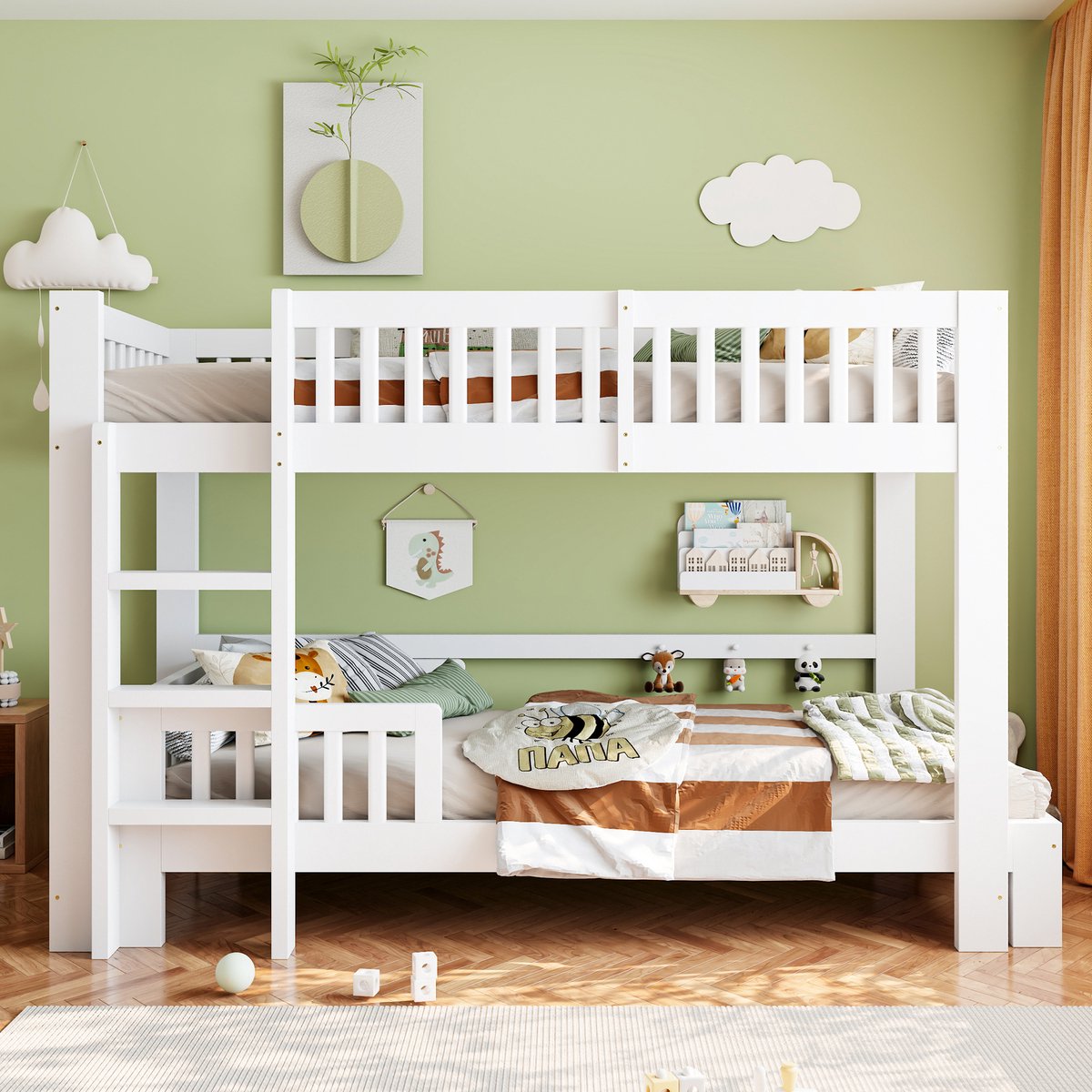 OKWISH Modulair Kinderbed 90x200 cm - Stapelbed En Hoogslaper In 1 - Met Uitvalbeveiliging En Lattenbodem - Hout - Wit - Zonder Matras