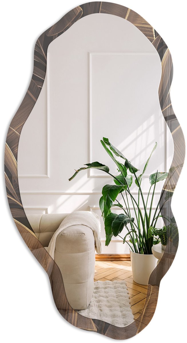 Coloray Tropische Bladeren Spiegel - Bruin Rechthoekige Spiegel Met Modern Design - Organische Spiegel - Woonkamer - Modern - 45x90 cm - Totale afmeting 52x97 cm Tropische BladerenPatroon, Bruin