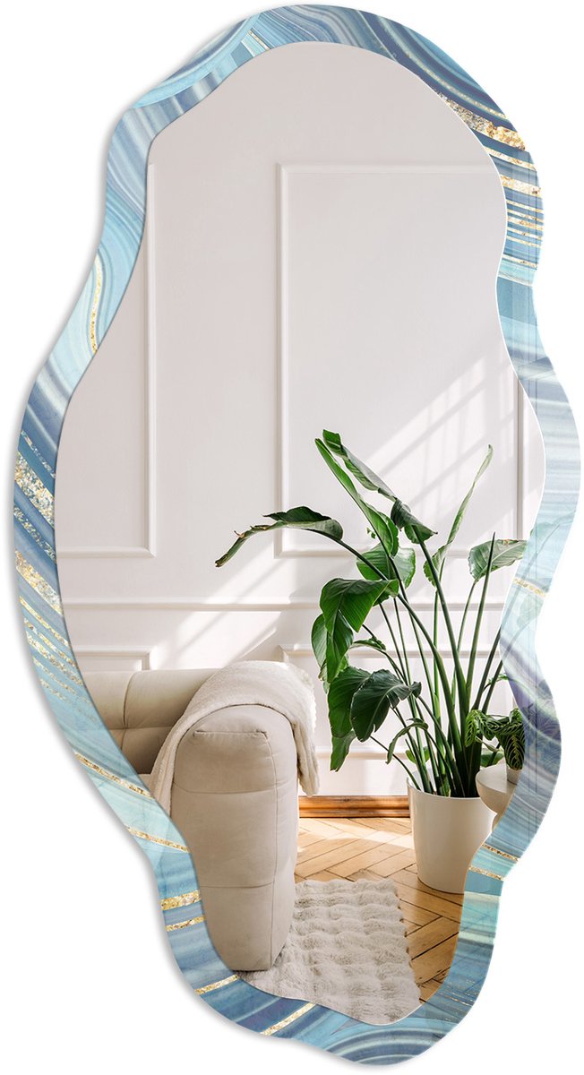 Coloray Zeegolven Spiegel - Turkoois Rechthoekige Spiegel Met Modern Design - Organische Spiegel - Slaapkamer, Woonkamer, Badkamer - Abstract - 45x90 cm - Totale afmeting 52x97 cm