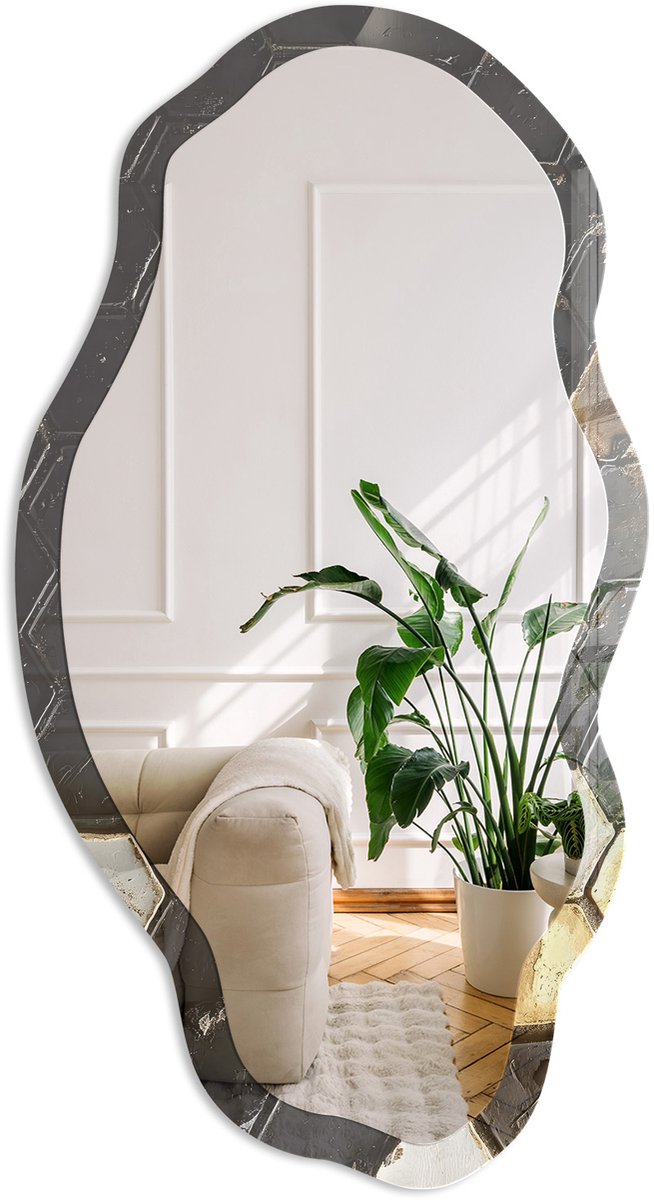 Coloray Geometrische Tegels Spiegel - Zwart Rechthoekige Spiegel Voor Interieur - Organische Spiegel - Badkamer, Keuken, Woonkamer - Geometrisch - 45x90 cm - Totale afmeting 52x97 cm