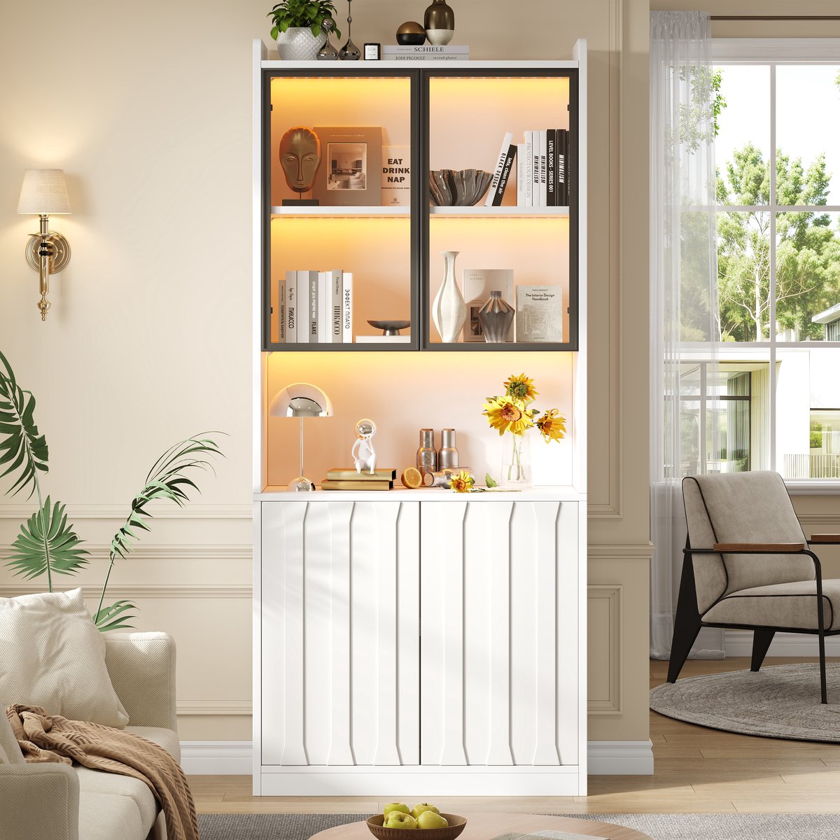 Vitrinekast Met LED En Glazen Deuren – Verstelbare Planken En Open Vak – Voor Woonkamer, Keuken En Hal – Wit – 80x35x200 Cm