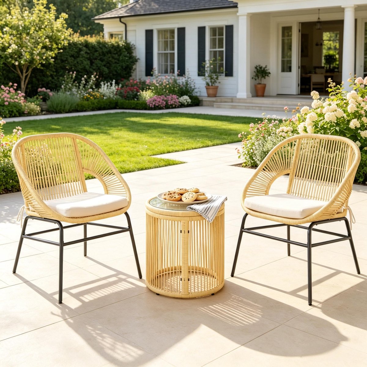 MIVRAY Tafel En Stoelen Set 2 Stoelen 1 Tafel - Modern Balkonset Met Glazen Blad En Kussens - Voor Balkon En Terras - Metaal Beige