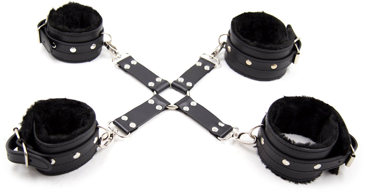 Fixxx - Hogtie Bondageset met Pluche Gevoerde Boeien - Zwart