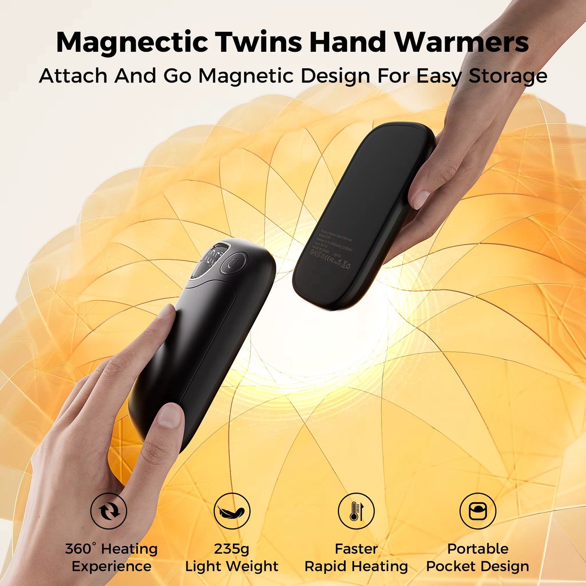 CreateEcom Handwarmers - Handwarmers oplaadbaar - Handverwarmer - Magnetische 2-in-1 Handwarmer met Digitaal Display - 1 sec Snelle Verwarming - 3500mAhx2 - Zwart