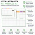 Verschillende maten magnetische weekplanners worden getoond, met afmetingen.