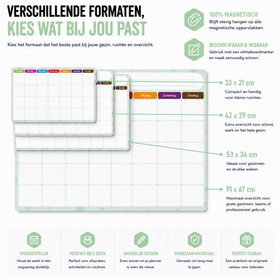 Verschillende maten magnetische weekplanners worden getoond, met afmetingen.