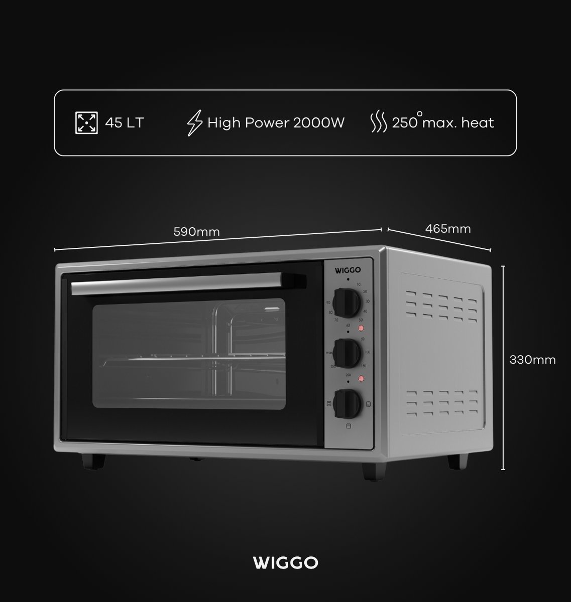 Wiggo WMO-E456(X) - Vrijstaande Mini Oven - Electrisch - 60 CM - 45 liter - 2000 W - 5 Jaar Garantie - Roestvrijstaal – foto 3