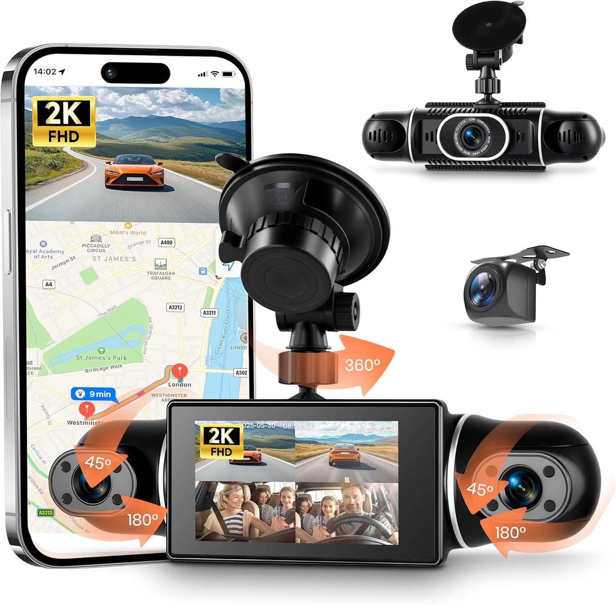 360° Dashcam Auto - 2K + 1080P - Wifi - Voor Veiligheid en Registratie