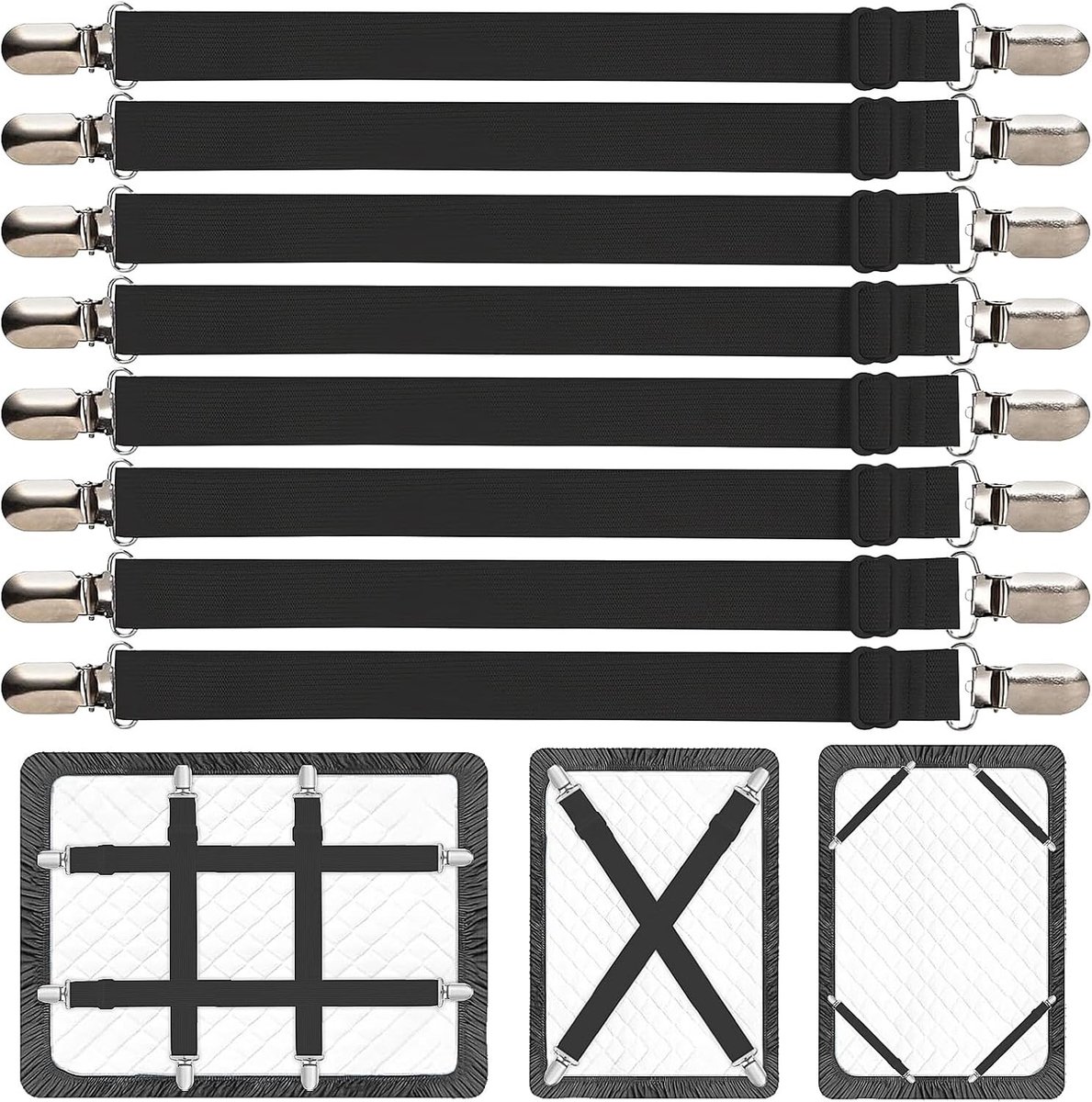 Verstelbare Bedlakenspanners - Wit - Elastische Hoeslakenspanner - Met Metalen Clips - Voor Beddengoed en Meubels