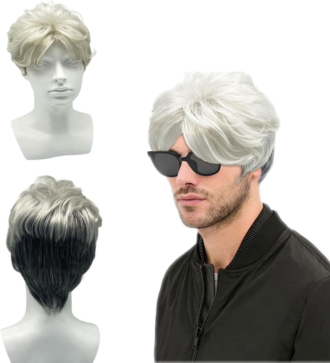 Korte Grijze Peruk voor Mannen, 70's 80's Curly Fluffy Cosplay, Dagelijks Gebruik en Feestkleding Accessoire