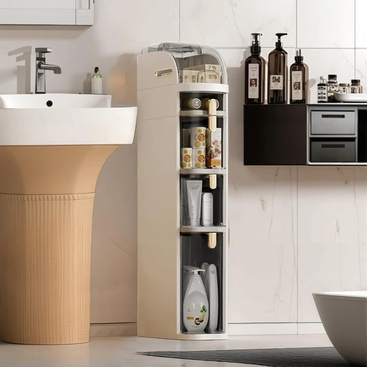 Calivari Smalle Badkamerkast op Wielen - 4-Lagen Opbergkast - Verrijdbare Organizer voor Badkamer, Keuken en Wasruimte - Grijs
