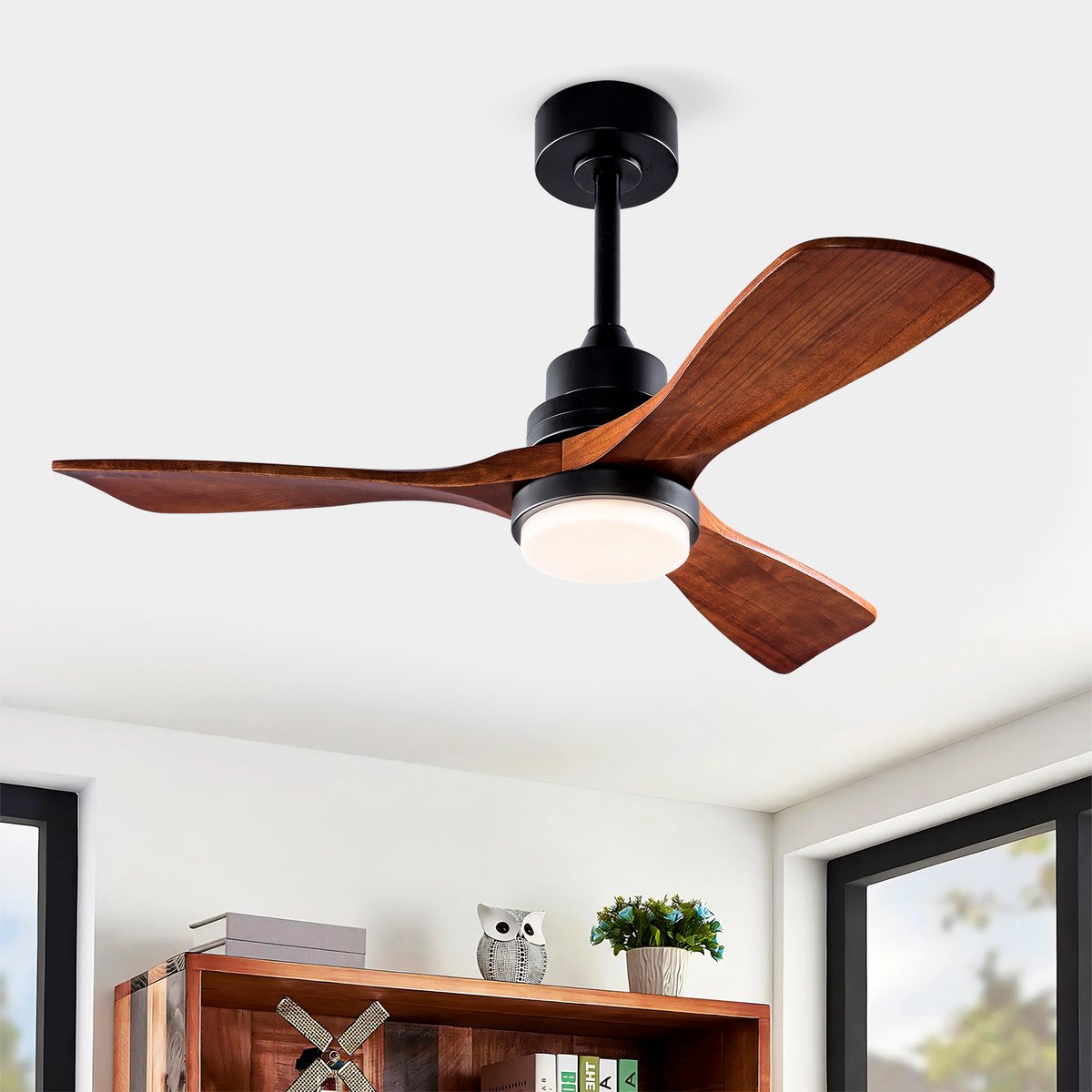 HAUSS SPOLE Plafondlamp Met Ventilator - 107 cm - Omkeerbare DC-Motor - Metaal En Massief Hout - Zwart Donker Walnoot - Dimbaar Met Afstandsbediening
