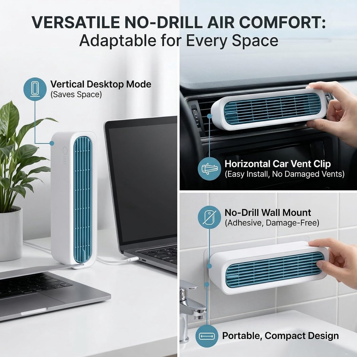 Bladloze Torenventilator - USB Torenventilator - 4000mAh - 3 snelheden - Stille Staande Ventilator - met losse voet en afstandsbediening - voor bureau, slaapkamer en camping - wit – foto 2
