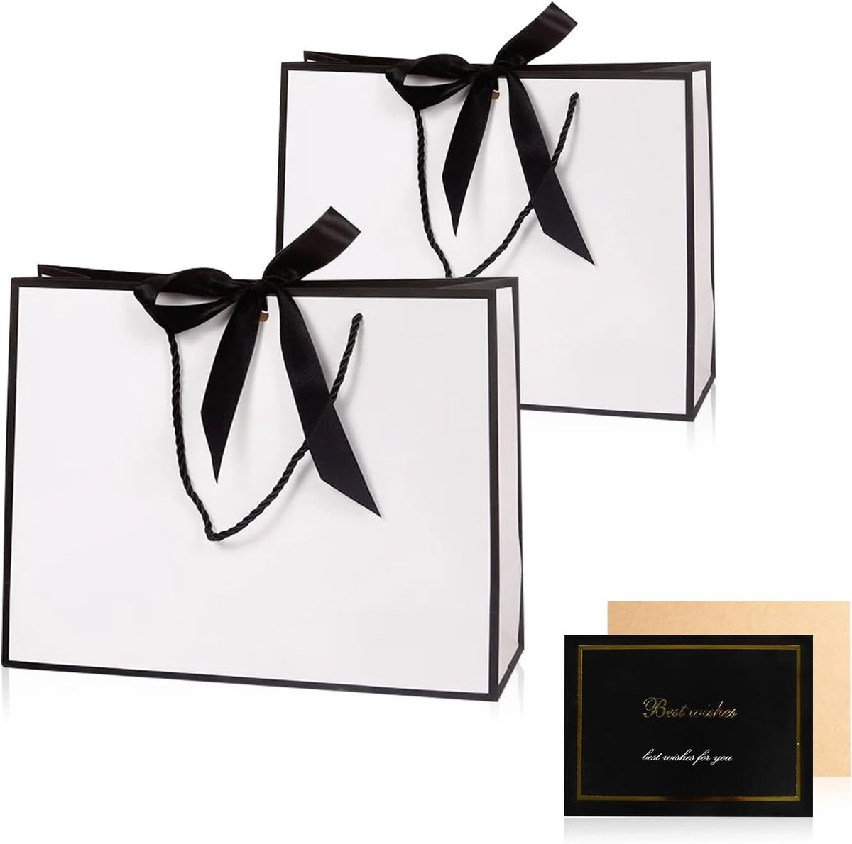 Set van 2 Cadeautassen in Zwart en Wit, 8 x 21 x 17 cm, Papieren Tassen met Handvatten en Strikkaarten, Ideaal voor Verjaardags- en Bruiloftfeesten