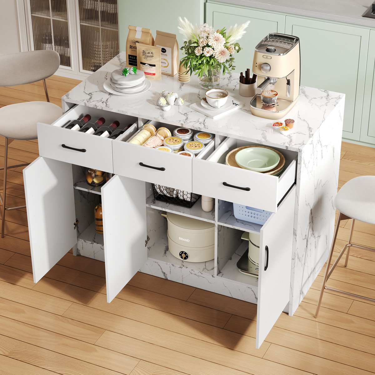 MEUNIQ keukeneiland bartafel 120 x 60 x 90,5 cm met 3 lades en 3 deuren, verstelbare legplanken, wit marmerlook, opbergruimte voor keuken en eetruimte