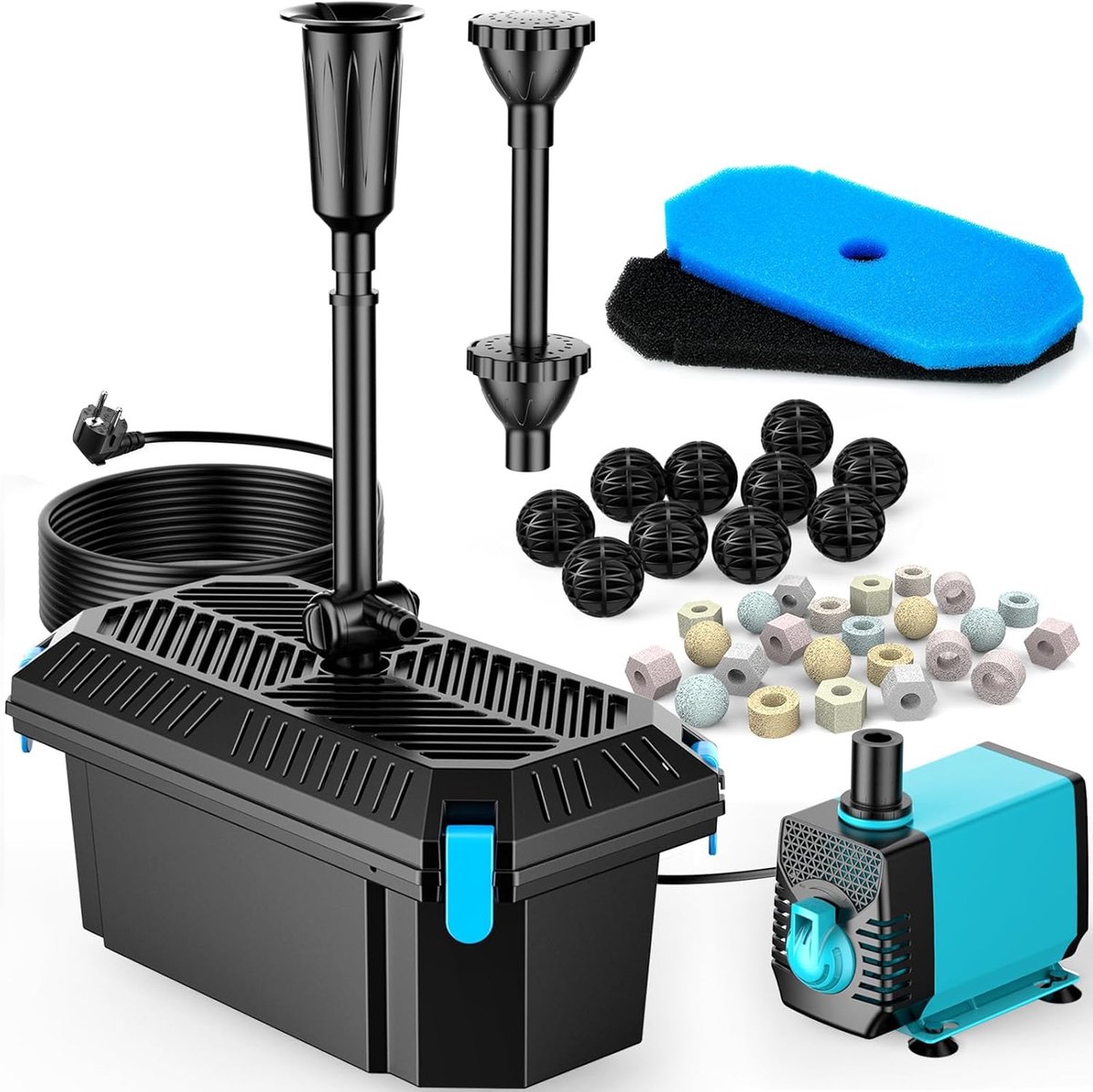 POPOSOAP Vijverfilter met Fonteinset - 40 W 2500 L/u Vijverfilter Complete Set met Pomp - Instelbare Doorstroming en Schoon Water - voor Tuinvijvers en Waterpartijen (Bedraad)