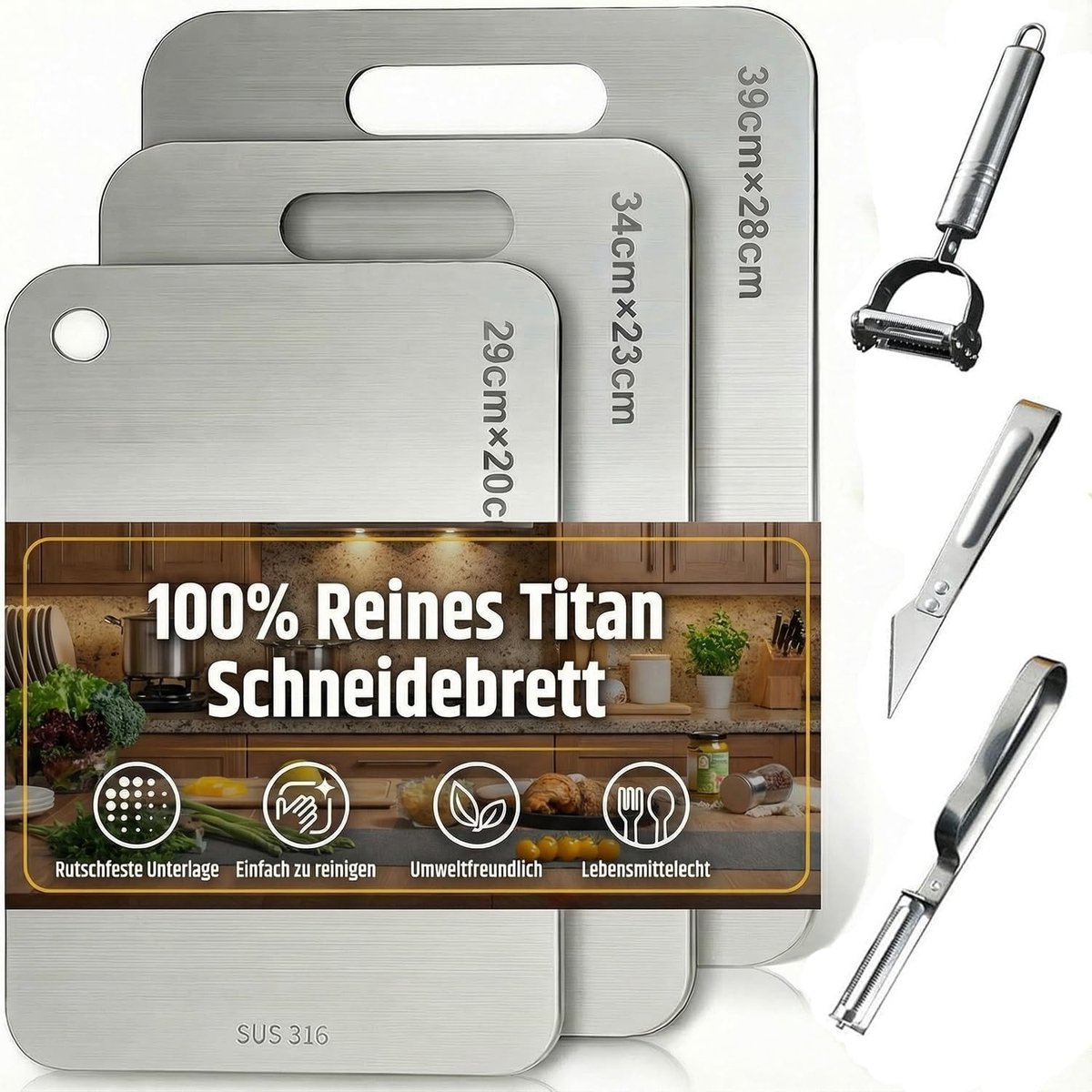 SnelShoppen - 3-delige Titanium Snijplank Set met Antislip Siliconen Pad, Multifunctioneel, 29 x 20 cm, 34 x 23 cm en 39 x 28 cm, Ideaal voor Keuken,