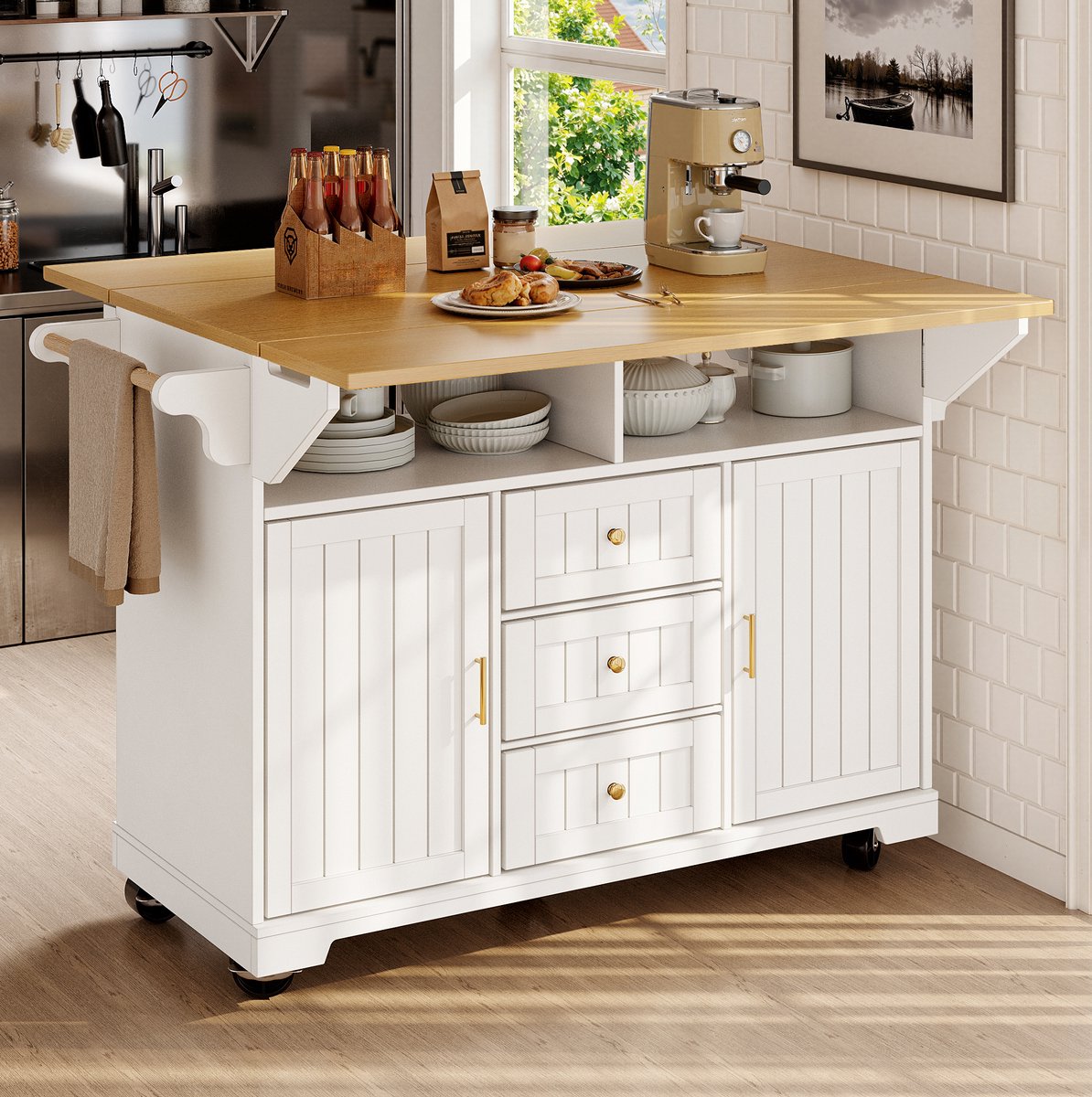 MEUNIQ keukeneiland 120 x 40 x 95 cm met uitklapbaar blad tot 80 cm, 3 lades, 2 deuren, verstelbare plank, handdoekhouder, deurrek en wielen, wit